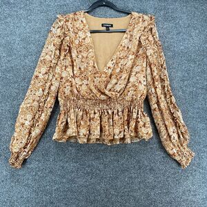 Express Blouse Top Womens‎ M Brown Floral V-Neck Fairy Cottagecore Peasant Boho